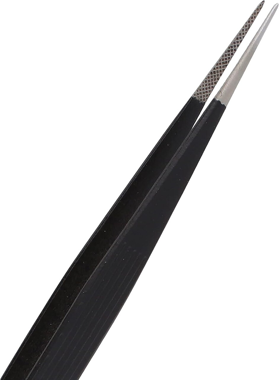 The Beadsmith Tweezer – 6.5 inches Long – Black Coated Handle – Stainless Steel Serrated Fine Tip - Precision Tool for Crafting and Jewelry Making